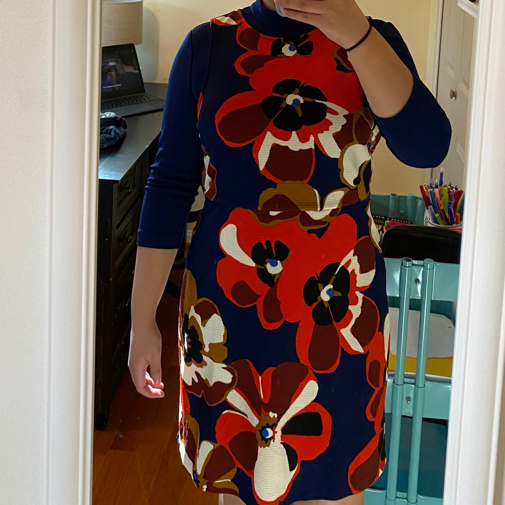 Navy blue floral dress.